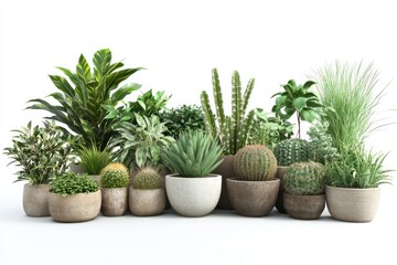 Fototapeta premium A 3D image of a collection of houseplants such as cacti and spider plants in pots, isolated on a crisp white background, giving a clean and modern feel.