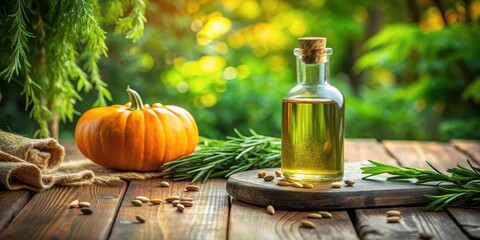 Fototapeta premium A bottle of golden vegetable oil sits on a rustic wooden surface, next to a small pumpkin, sprigs of rosemary, and scattered seeds, all bathed in soft natural light.