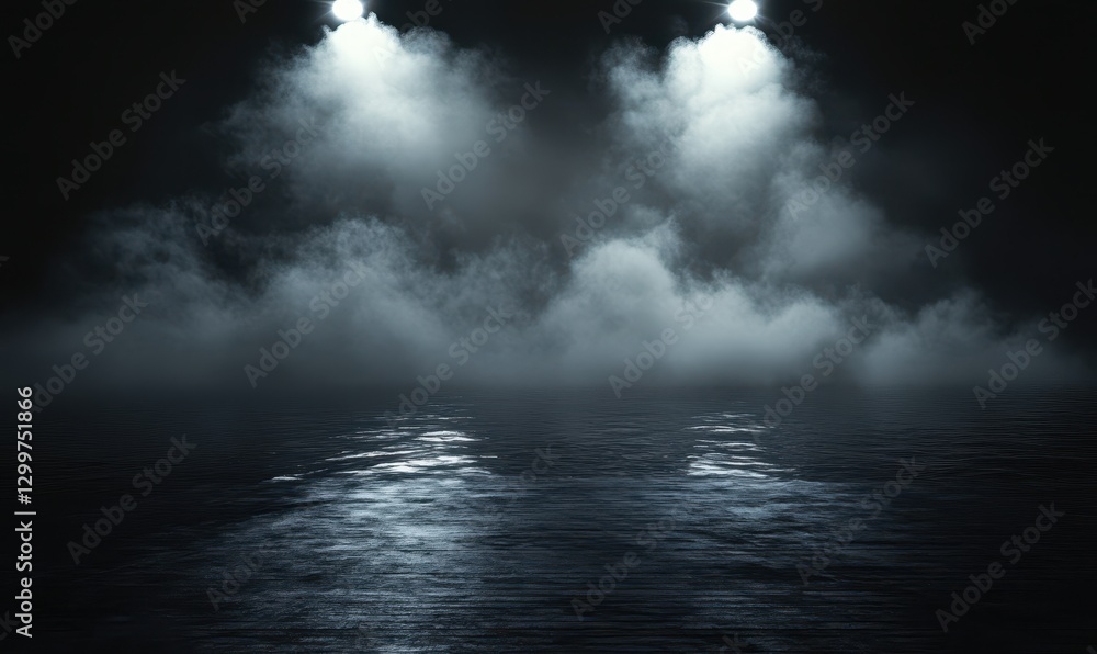 Poster mysterious dark waters with ethereal fog and illuminating beams breaking through the plumes in a gri