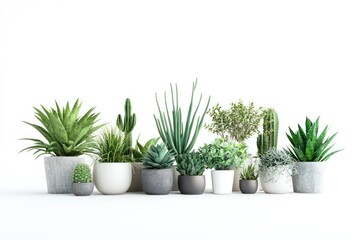 Fototapeta premium A 3D image of a collection of houseplants such as cacti and spider plants in pots, isolated on a crisp white background, giving a clean and modern feel.