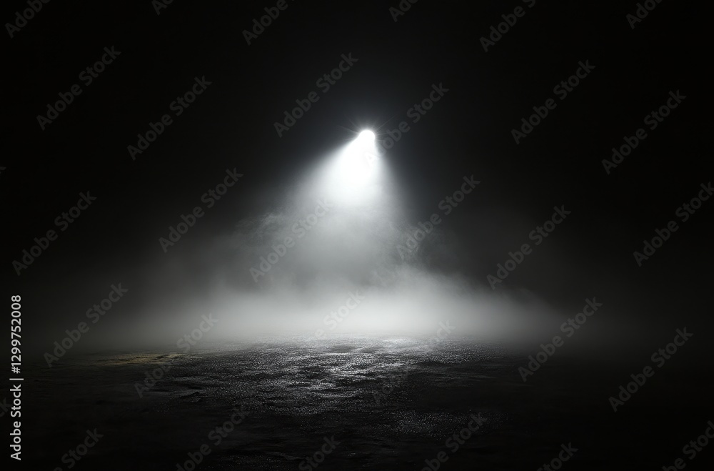 Poster mysterious foggy scene with a single focused light beam illuminating a dark space with subtle textur