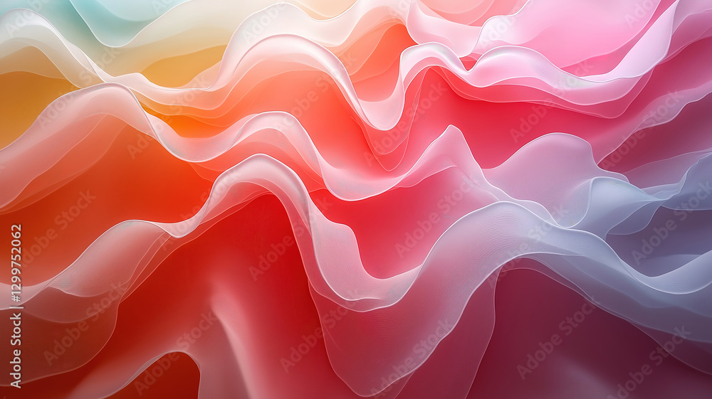 Poster flowing pastel colored waves with layered abstract patterns forming a smooth artistic design