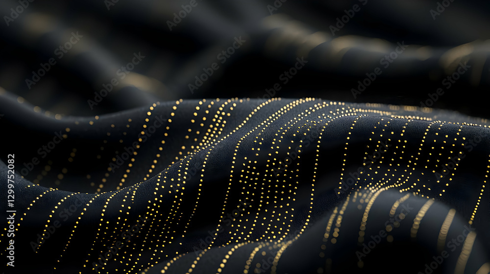 Poster dark fabric surface with gold dot lines creating abstract wave pattern background