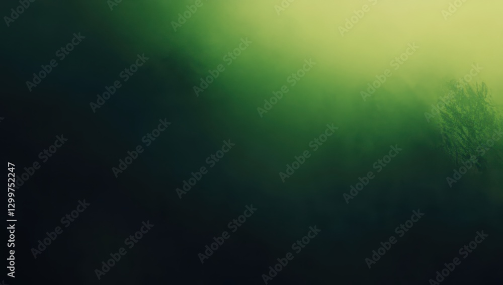 Poster mystical green fog hangs over lush forest landscape with soft light filtering through trees creating