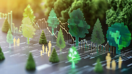 A computer generated image of a forest with people walking through it