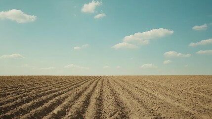 A breathtaking view of a potato field under a clear blue sky, stretching far into the distance.
