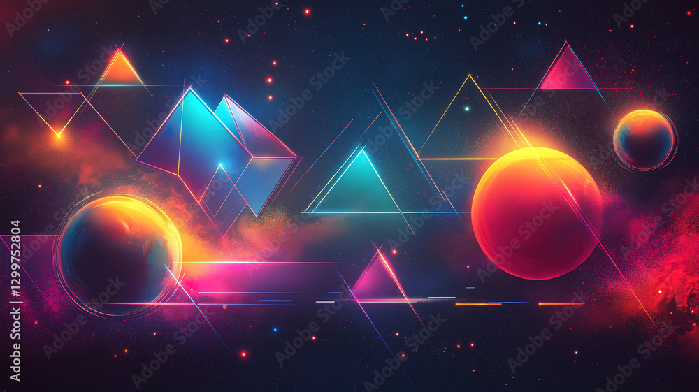 Poster futuristic neon geometric shapes and structures floating in digital cyberspace on dark background