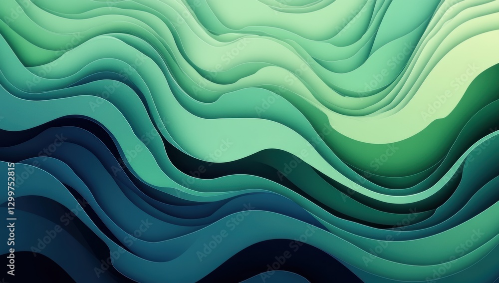 Poster organic flowing abstract shapes in shades of green, creating a wave-like pattern in a modern and art