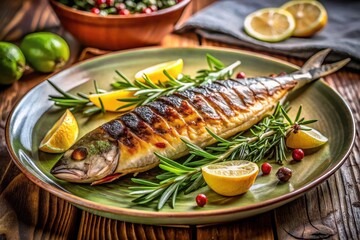 Delicious grilled fish seasoned with rosemary and citrus fruits, served on a rustic plate