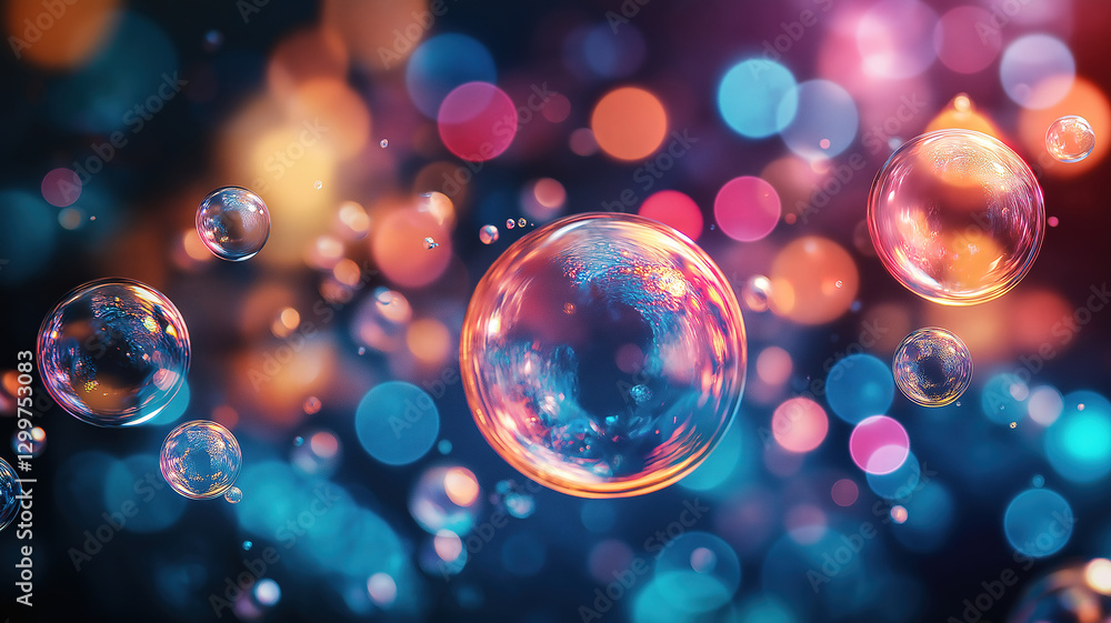 Poster colorful bubbles in an abstract composition against a dark background forming a dynamic and lively s
