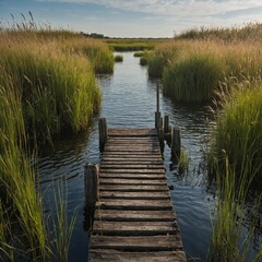 Fototapeta premium A weathered dock stretching into a waterbody surrounded by tall grass.
