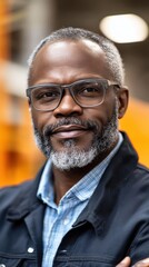 Fototapeta premium Confident Elderly Black Man with Glasses Wearing a Blue Shirt and Black Jacket Portraying Wisdom and Experience Against an Industrial Background