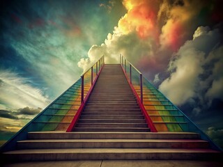 Fototapeta premium Vintage Colorful Staircase Ascending to Stormy Sky - Stock Photo