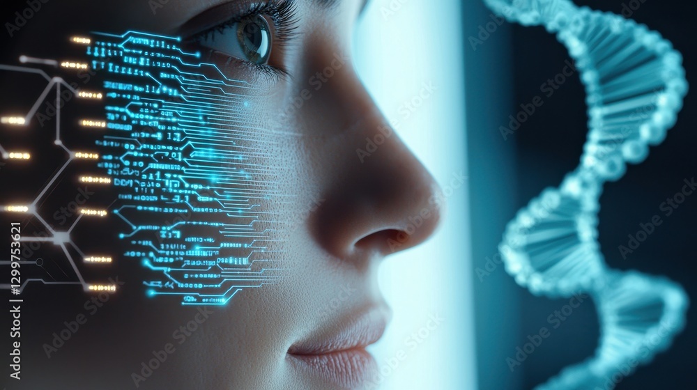 Poster artificial intelligence in biotechnology and genomics concept. futuristic portrait blending technolo