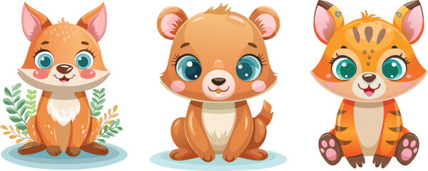 Sunny day Animal Friends, Cute Lion, Bear, Rabbit with sunflowers in cartoon style 