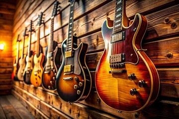 Naklejka premium Vintage Electric Guitars on Rustic Wooden Wall, Warm Lighting - Stock Photo