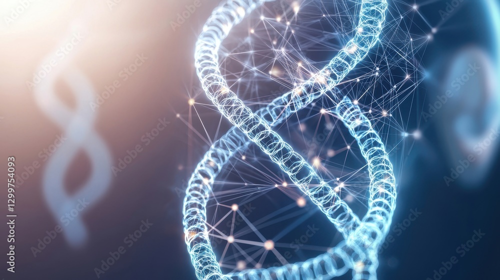 Poster biotechnology and genomics concept. abstract digital representation of dna strands with glowing part