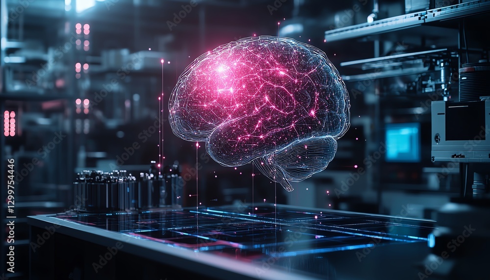 Poster wide hologram of an artificial intelligence brain in a futuristic factory lab