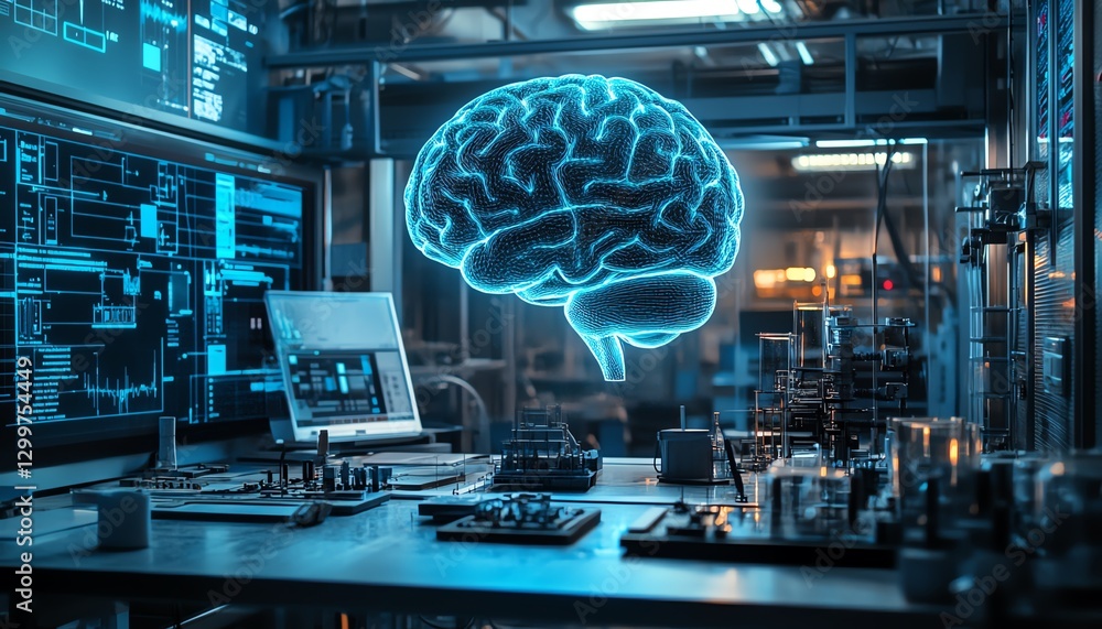 Poster wide hologram of an artificial intelligence brain in a futuristic factory lab