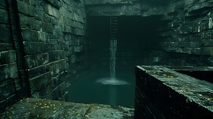 Dark Green Water Trickling Into Stone Tunnel