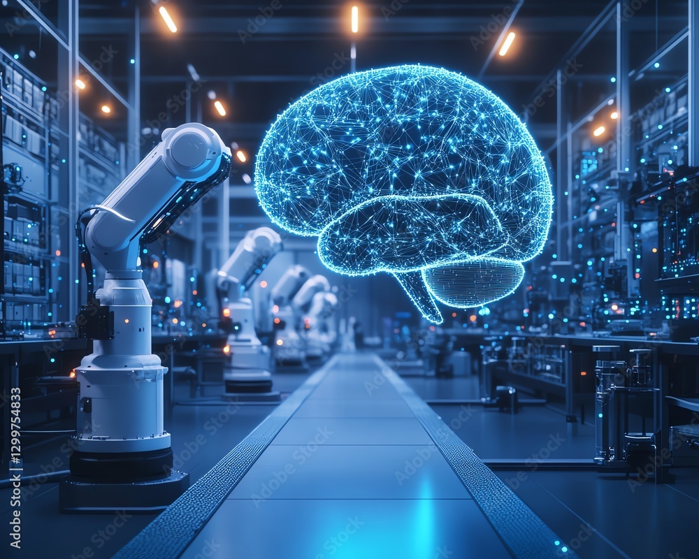 Poster ai brain at the center of a futuristic factory lab