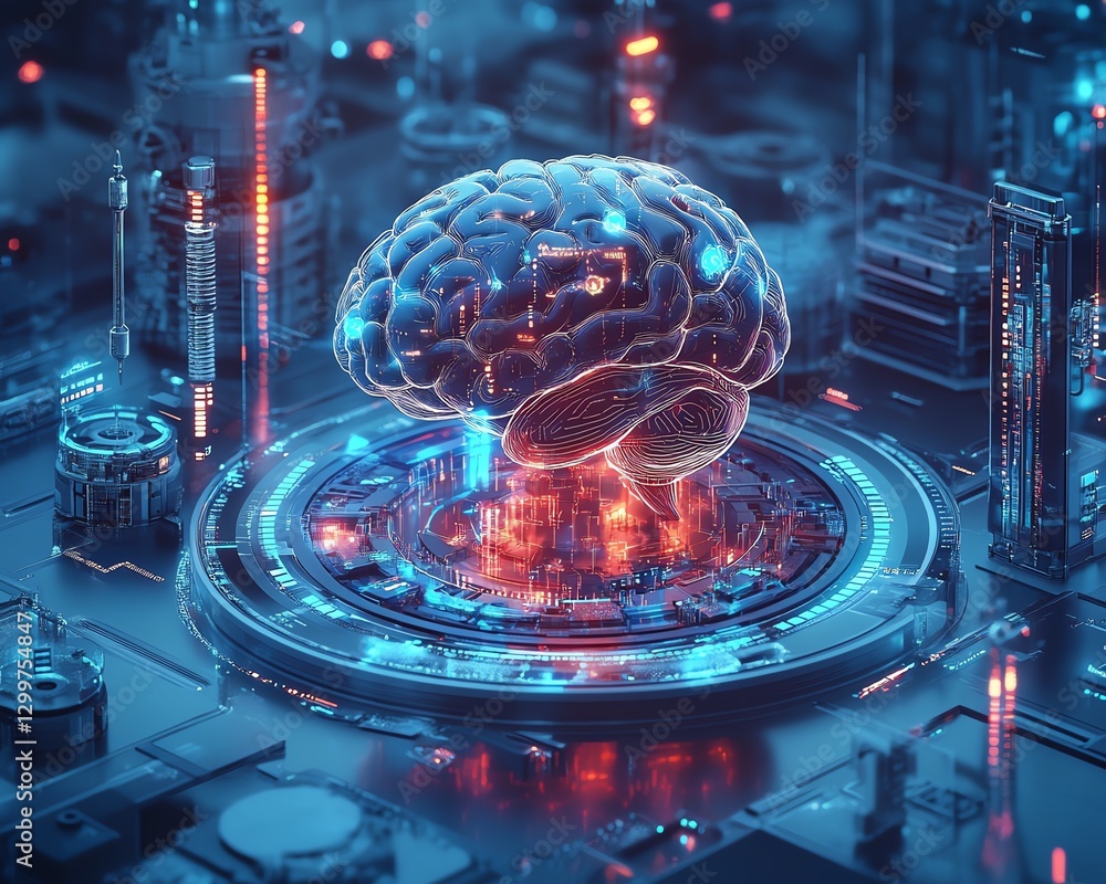 Aufkleber ai brain at the center of a futuristic factory lab