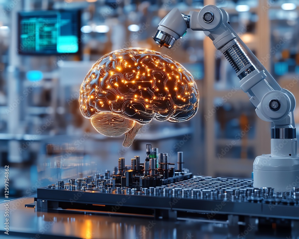 Aufkleber AI brain at the center of a futuristic factory lab