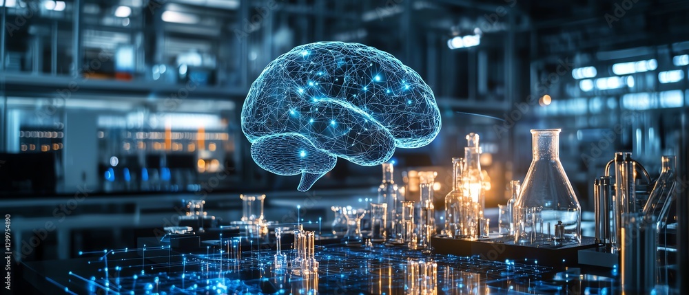 Poster AI brain displayed in a futuristic factory lab