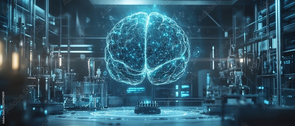 Poster AI brain displayed in a futuristic factory lab