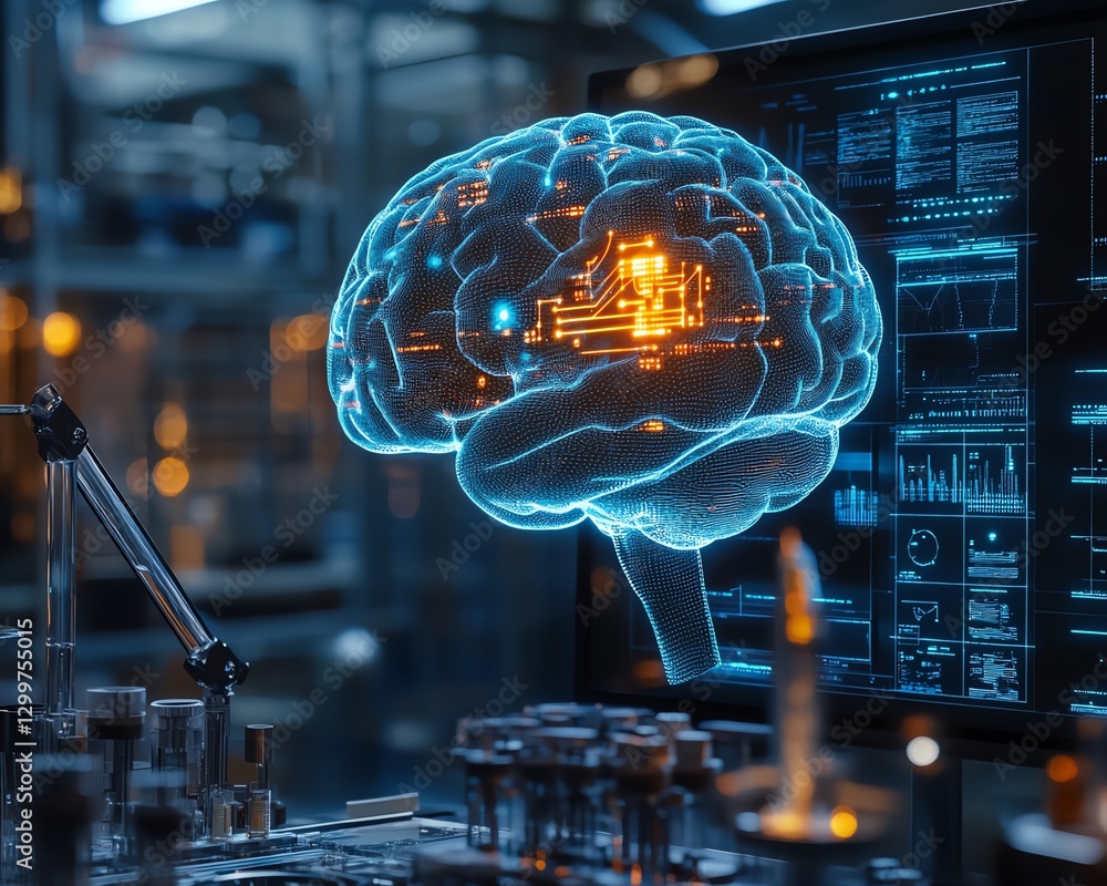 Poster artificial intelligence brain in a cuttingedge factory lab