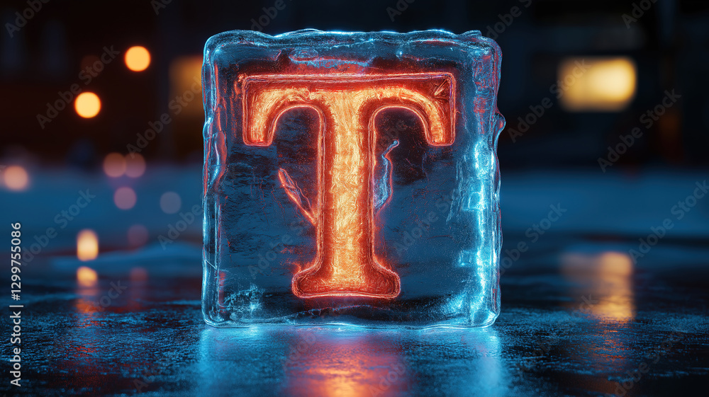 Poster vibrant ice block with the letter t frozen inside forming a unique and dynamic frozen design