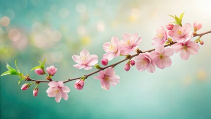 Naklejka premium Delicate Pink Blossoms on a Branch Against a Soft, Blurred Background, Symbolizing Spring's Gentle Arrival and the Promise of Renewal