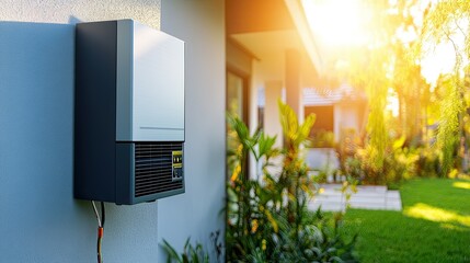 A home solar energy system showing a mounted inverter and meter box, with bright sunlight reflecting on the wall.