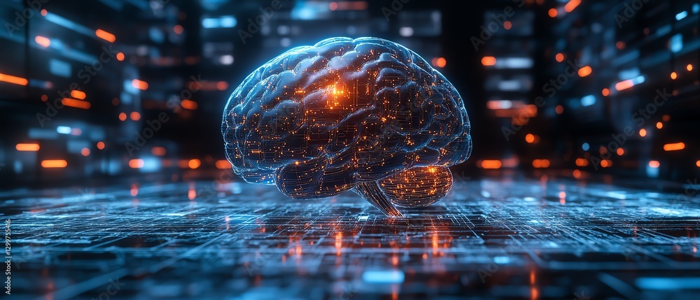 Poster Cuttingedge artificial intelligence brain in a hightech factory lab
