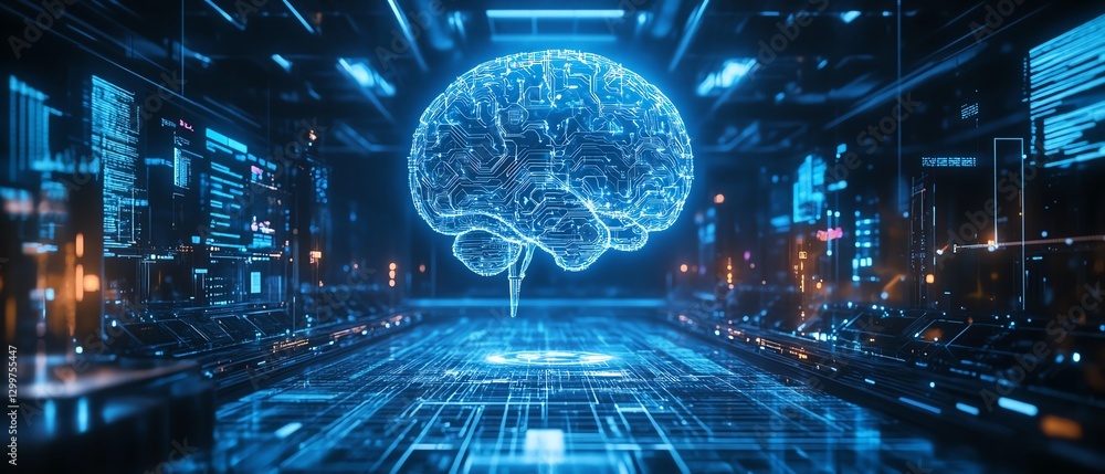 Poster Cuttingedge artificial intelligence brain in a hightech factory lab
