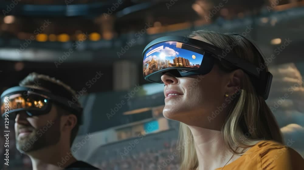 Poster stadium spectators experiencing immersive entertainment through augmented reality headsets, transfor