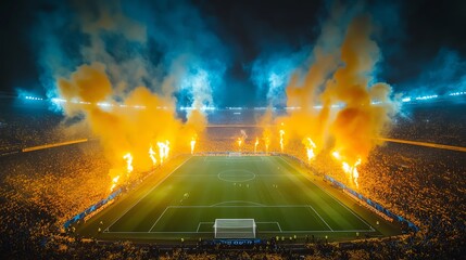 Evening soccer championship stadium with confetti and tinsel, yellow toning, smoke in blue and yellow, wideangle shot of the field celebrating a championship victory