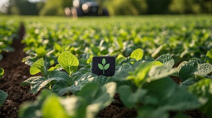 Close-up of vibrant green soybean plants in a field, with a small leaf logo subtly placed in the foreground; a tractor is softly blurred in the background, suggesting agricultural work.