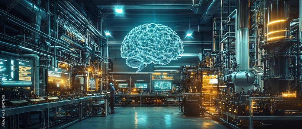 Aufkleber Futuristic AI brain in a factory lab