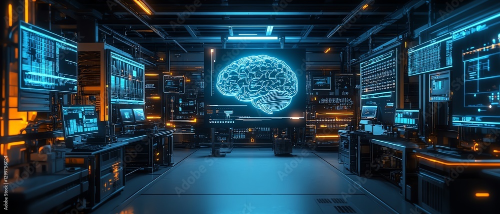 Poster Futuristic AI brain in a factory lab