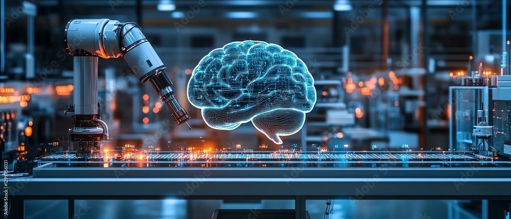 Aufkleber futuristic ai brain in a factory lab