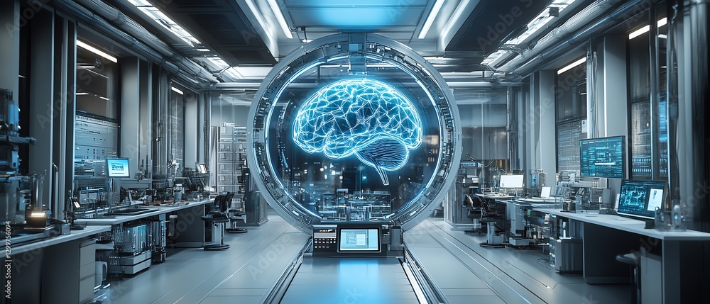 Poster Futuristic artificial intelligence brain in a hightech factory lab