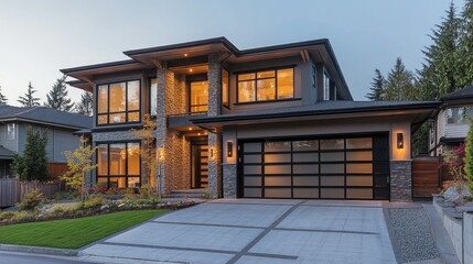 A luxurious residence with a tall anthracite panel fence, a stylish garage gate, and a structured slab driveway.