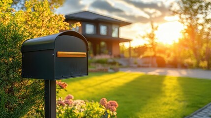 A mailbox with a glossy black finish, reflecting the warm glow of the sun, with a modern house in the distance.