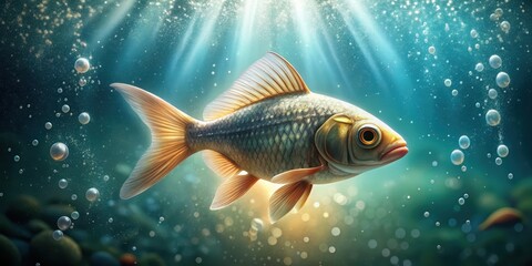 Fototapeta premium A single golden carp swims gracefully through an underwater scene, illuminated by a radiant light source, surrounded by shimmering bubbles and gentle aquatic ambiance.