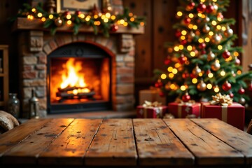 Holiday Table, Cozy Christmas Fireplace with Decorated Tree and Gifts with copy space
