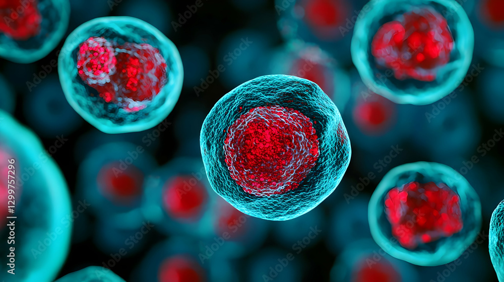 Aufkleber microscopic view of cellular structures with red nuclei and blue membranes on black background