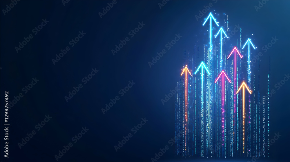 Poster abstract digital arrows ascending with glowing colorful lines on dark blue background