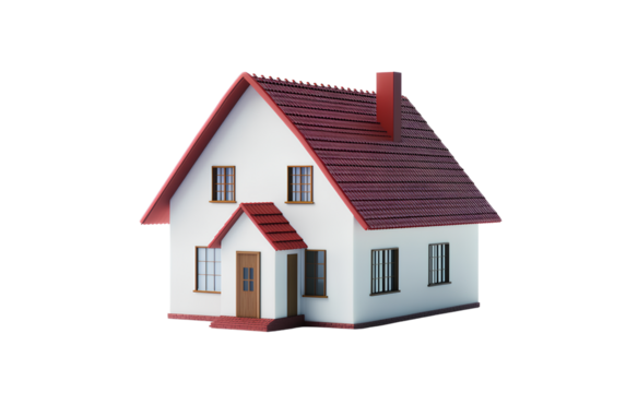 A simple house model with a red roof and white walls on the front, a simple design in an icon style, 3D rendering, isolated on transparent background PNG