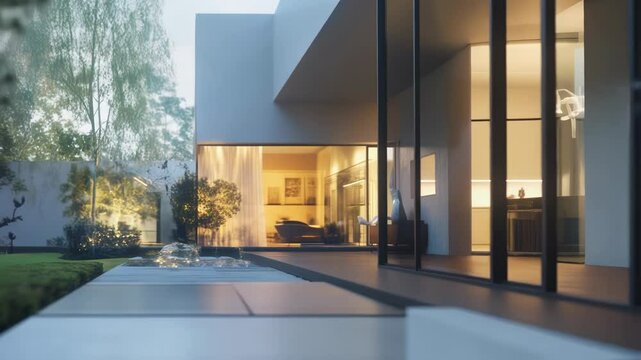 Smart window glass dynamically transitioning from opaque to transparent. Revealing sophisticated interior with lush garden and sleek water feature. Showcasing cutting edge home automation technology